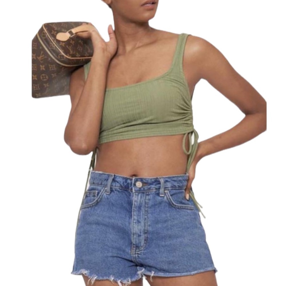 Olive Green Ribbed Ruched Drawstring Tank Top